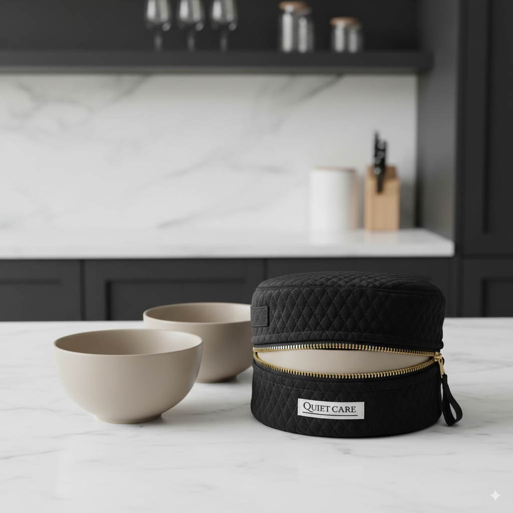 Black quilted travel case with gold zipper on a kitchen counter, featuring 'Quiet Care' branding.