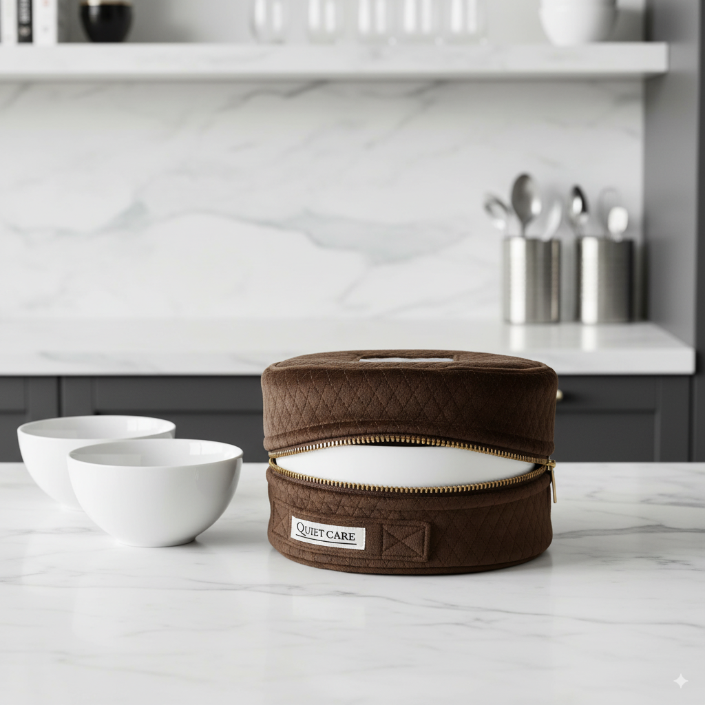 Brown Quiet Care pet carrier on a kitchen counter with bowls in the background