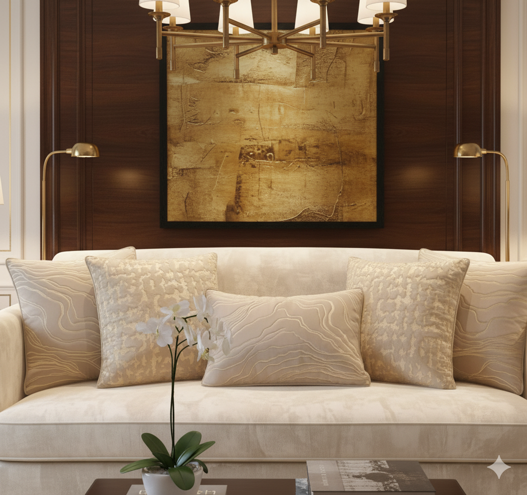 Beige sofa with decorative pillows and a framed artwork on a wooden wall.