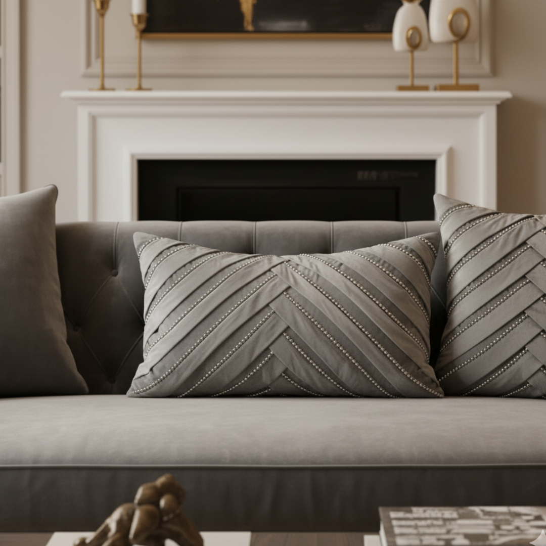 Gray sofa with patterned cushions in a living room setting.