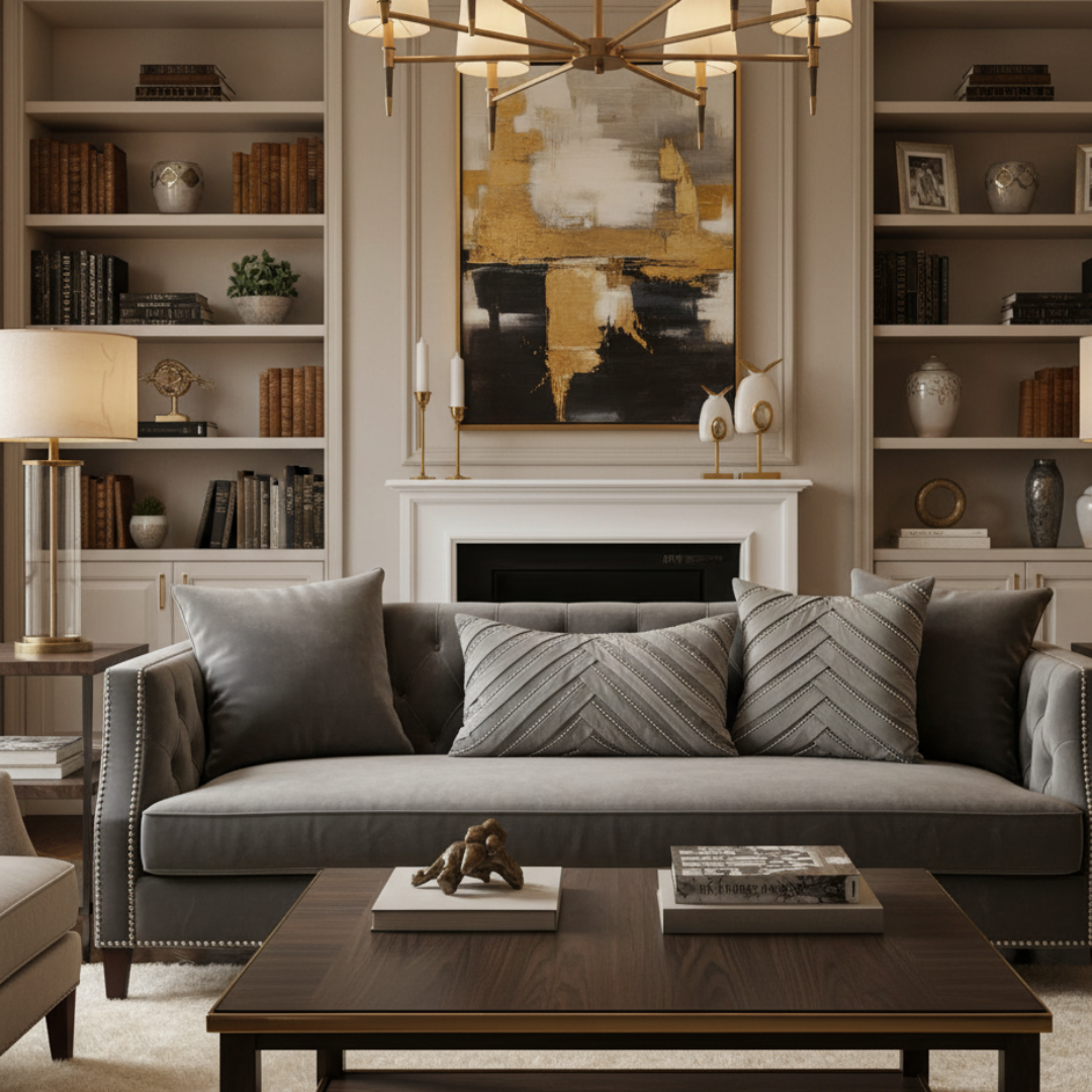 Living room with gray sofa, wooden coffee table, and abstract painting above fireplace.