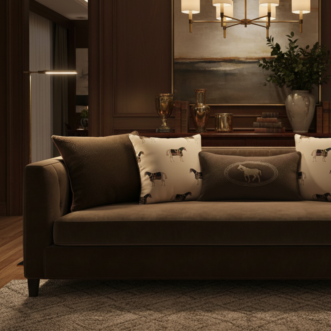Brown sofa with patterned cushions in a dimly lit room