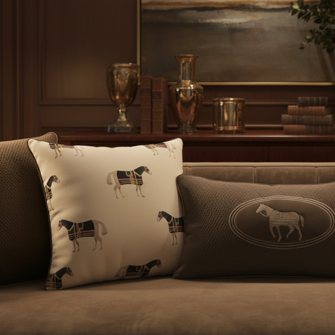 Decorative pillows with horse patterns on a couch in a room with trophies in the background.
