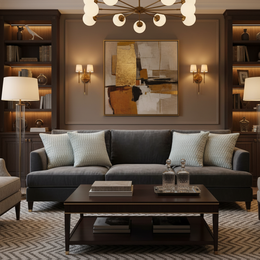 Modern living room with gray sofa, wooden coffee table, and abstract art on the wall.