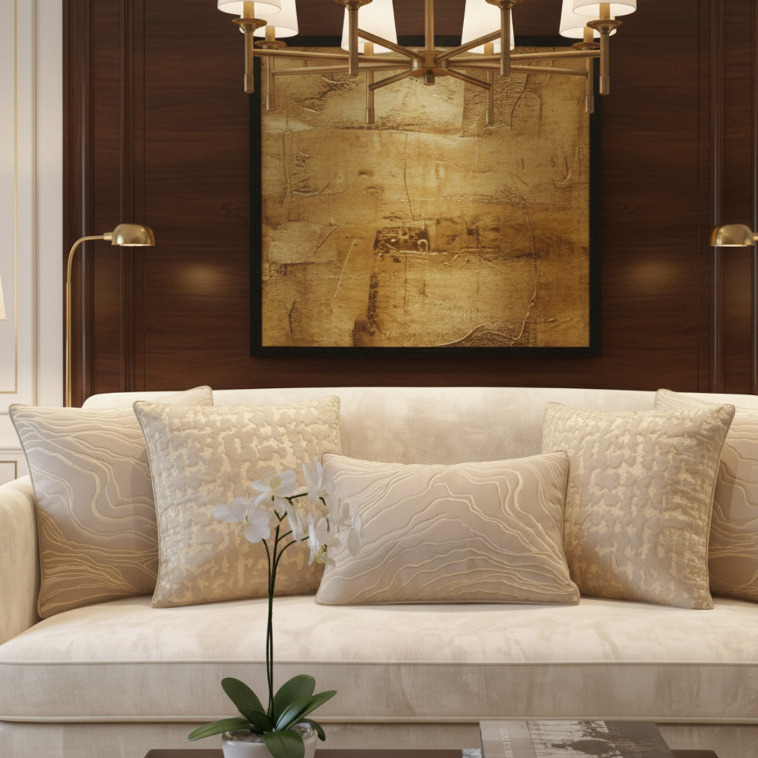 Living room with beige sofa, decorative pillows, and a framed artwork on the wall.