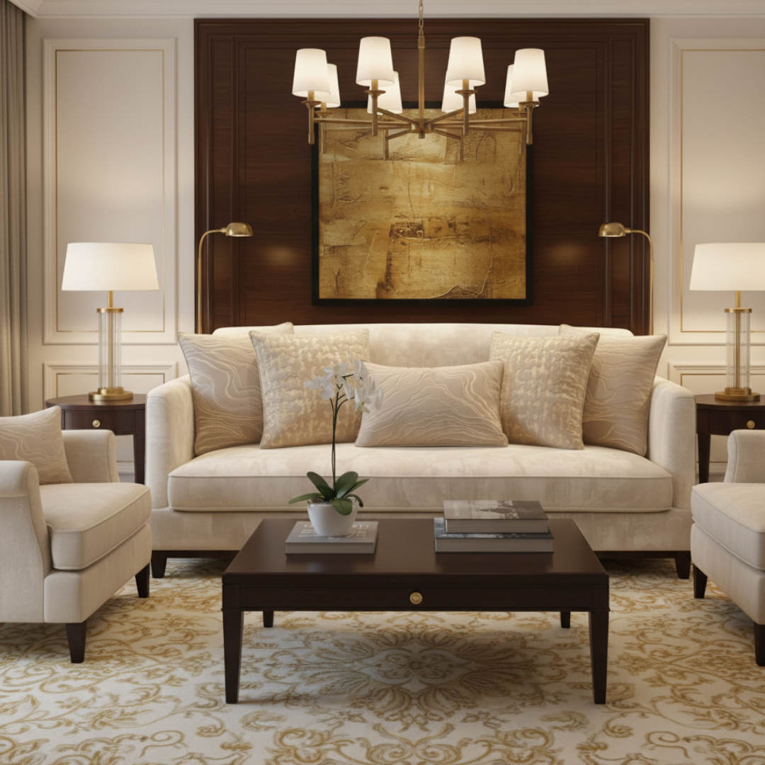 Luxurious living room with beige sofa, armchairs, and a coffee table.
