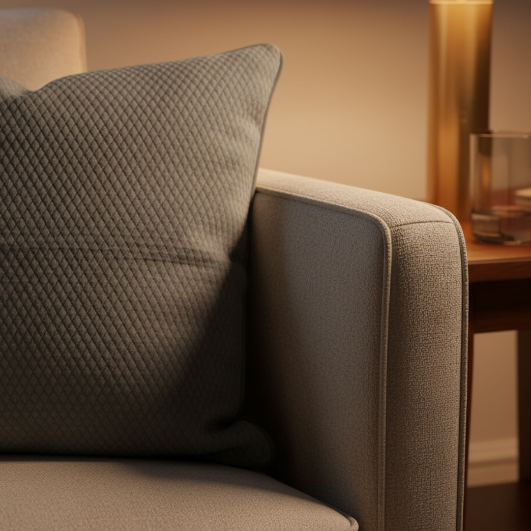 Gray textured pillow on a gray sofa with a warm-toned background