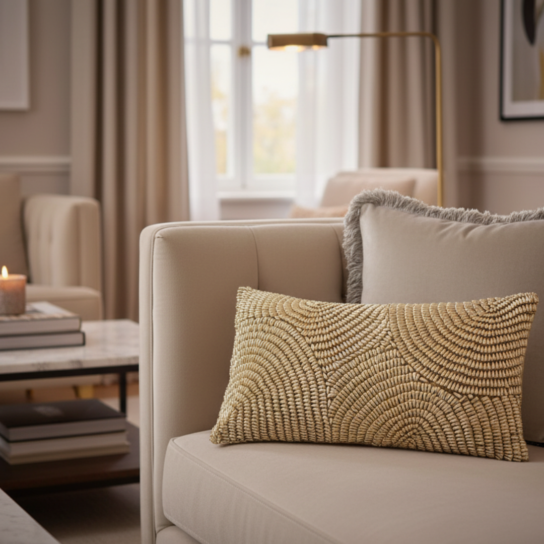 Beige sofa with textured throw pillow in a living room setting