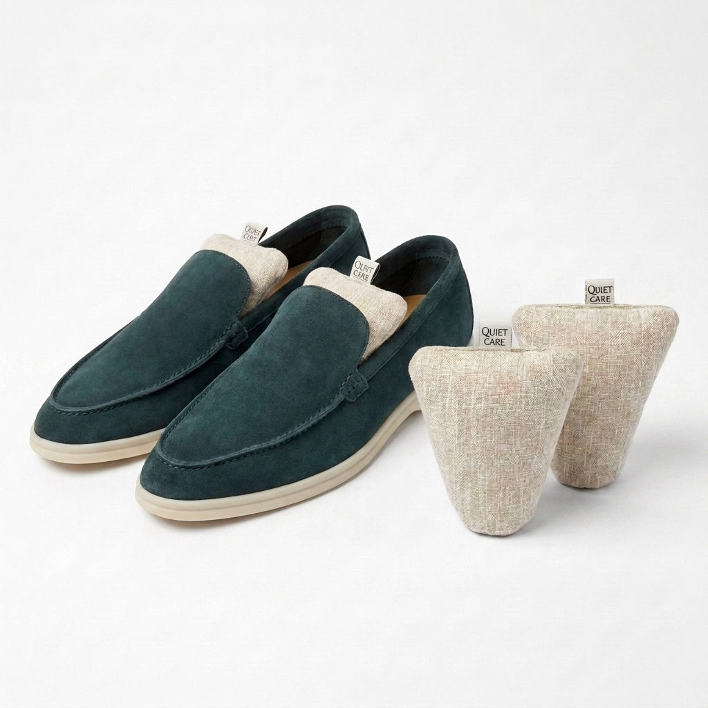 Linen blend shoe shapers in ecru with shoes, second styling angle
