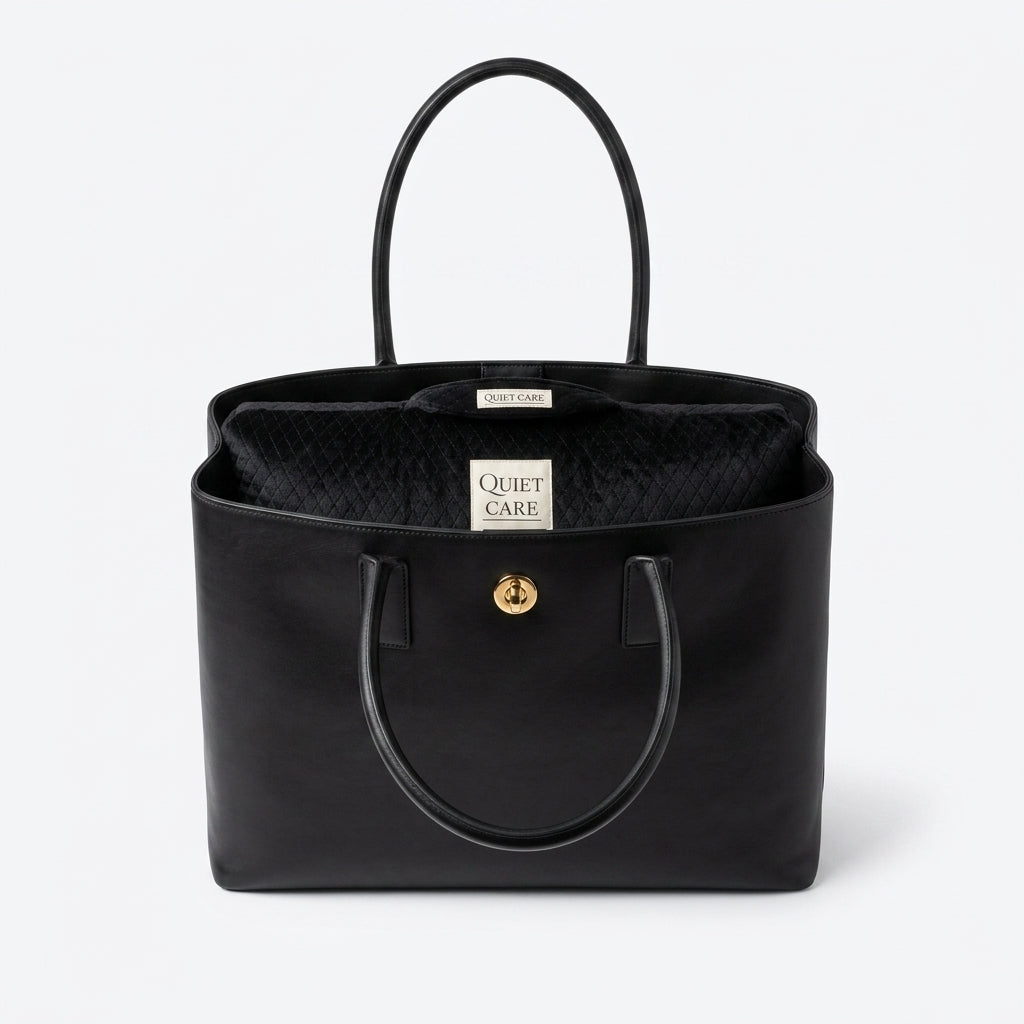 Tall quilted velvet bag shaper shown inside a structured tote, holding the upper walls
