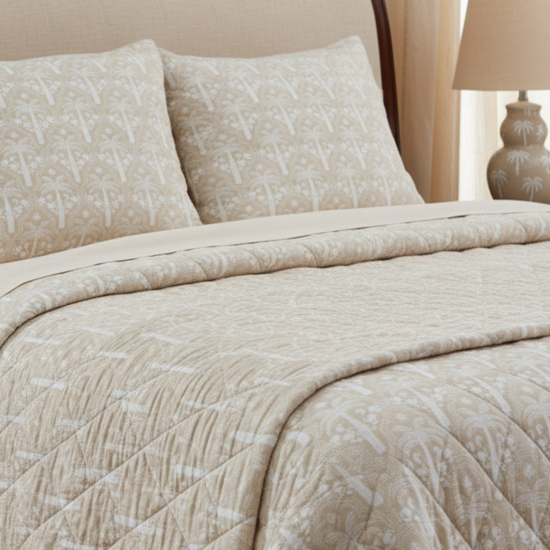Beige quilt and pillow set on a bed with a lamp in the background