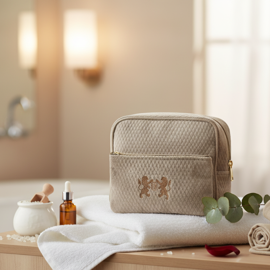 Beige toiletry bag with lion emblem on a bathroom counter with skincare products and eucalyptus leaves.