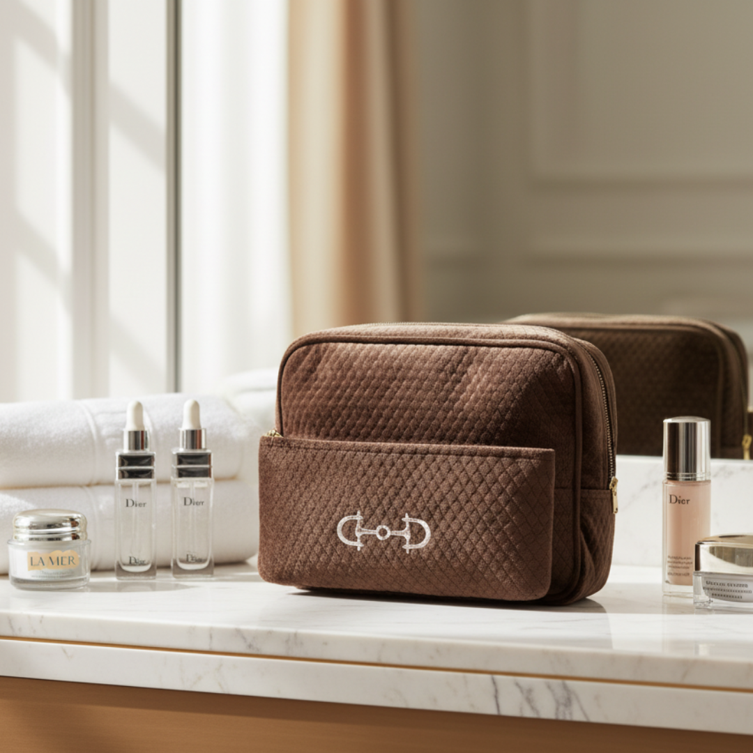 Brown textured toiletry bag with a logo on a marble surface with skincare products.