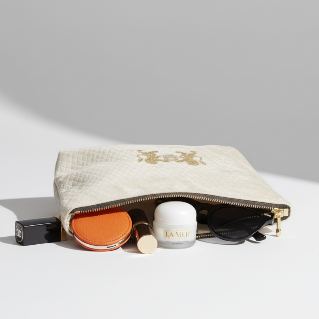 La Mer skincare products on a textured beige pouch with a white background