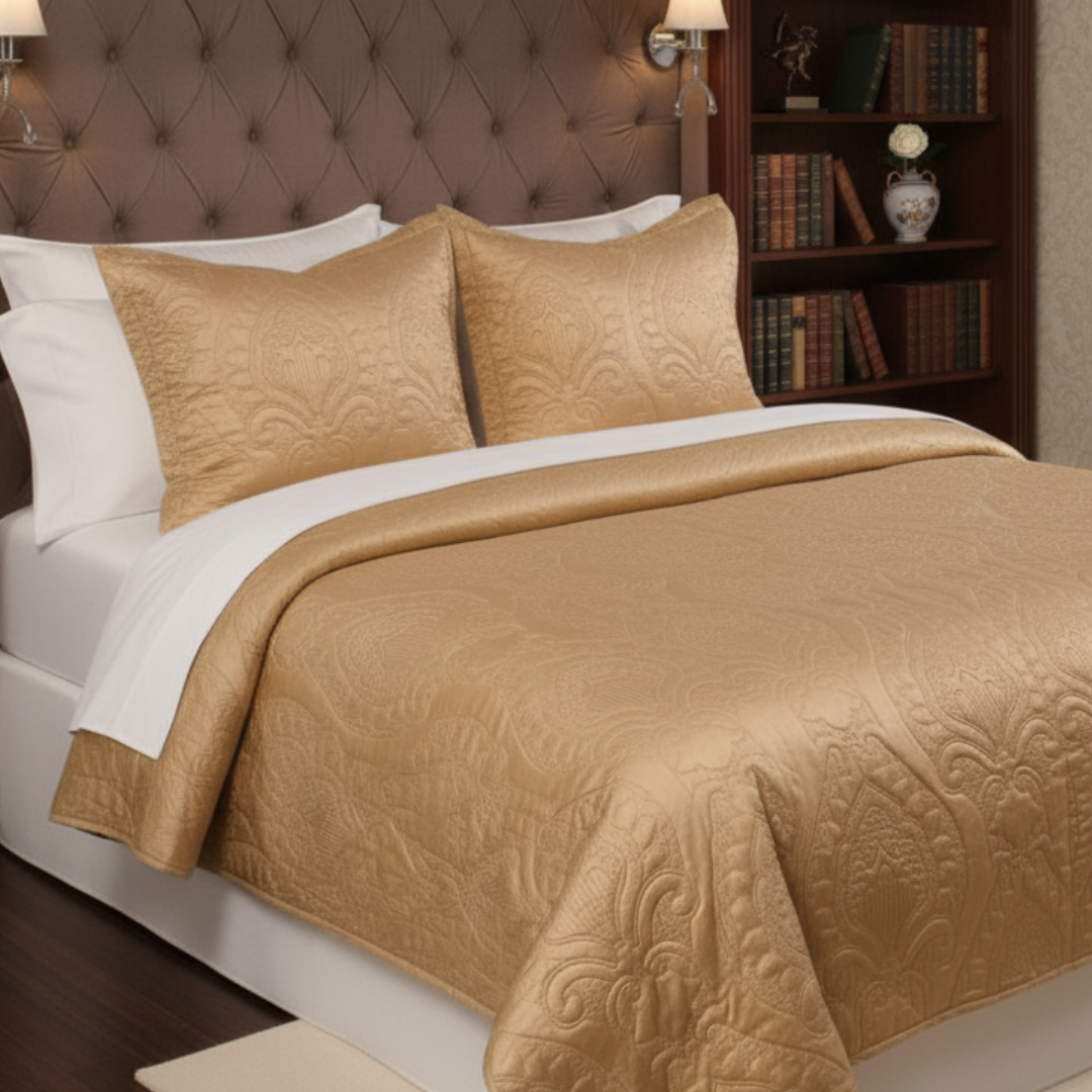 Gold quilted bedding set on a bed with a bookshelf in the background