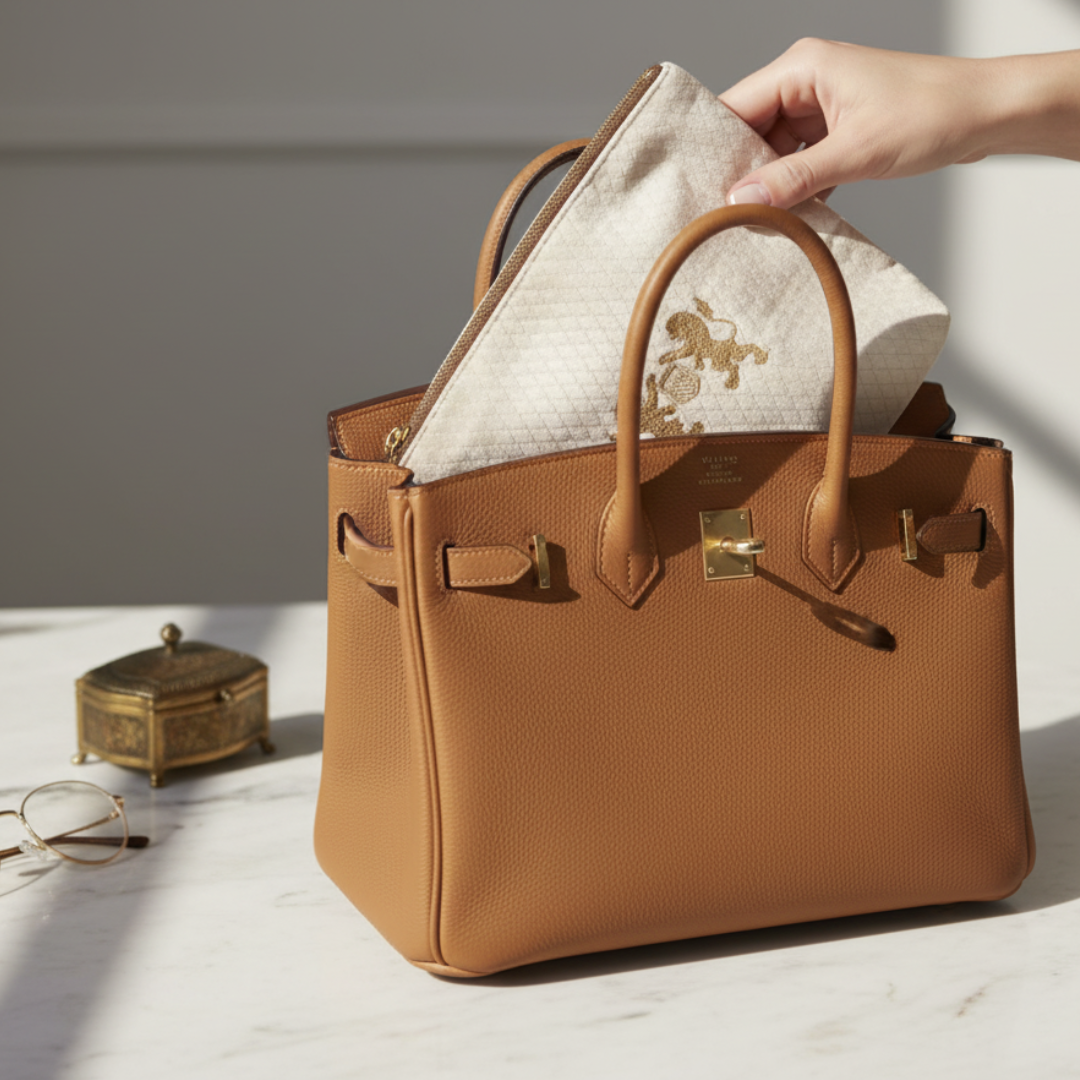 Brown handbag with gold accents on a light surface, with a hand holding an embroidered cloth.