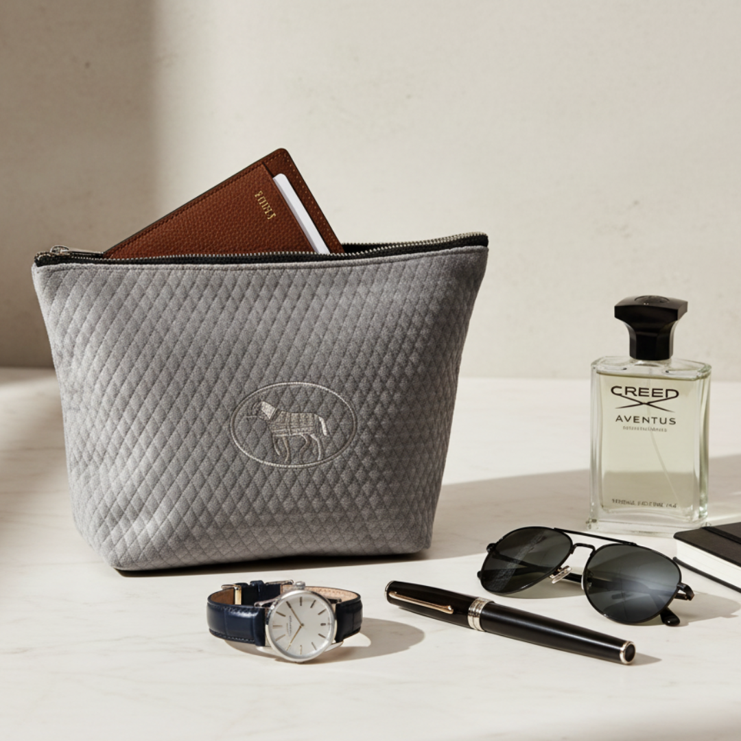 Gray quilted pouch with a brand logo, Creed Aventus perfume bottle, sunglasses, watch, and pen on a light surface.