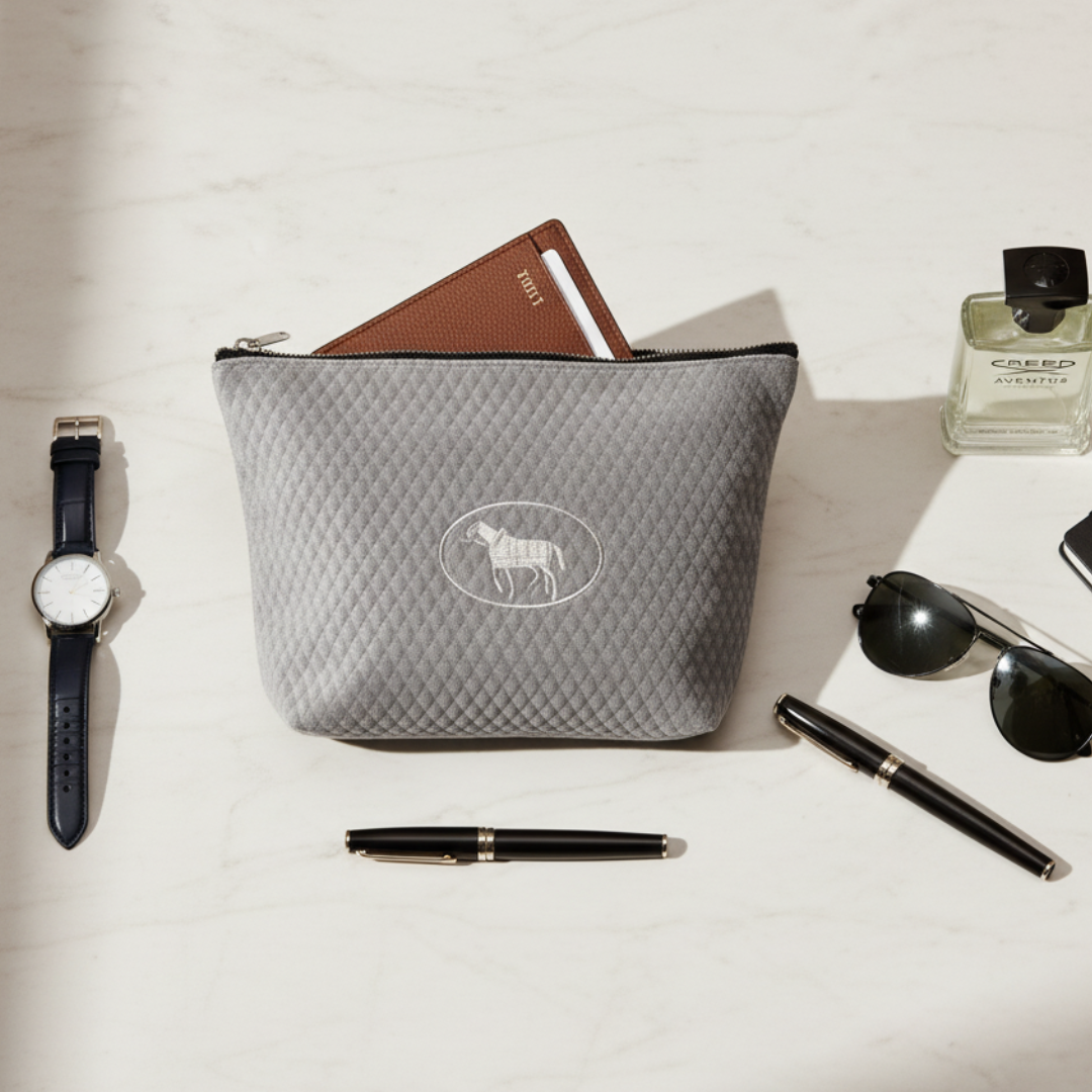 Gray quilted pouch with a brand logo on a white surface, surrounded by a watch, pen, sunglasses, and a bottle.