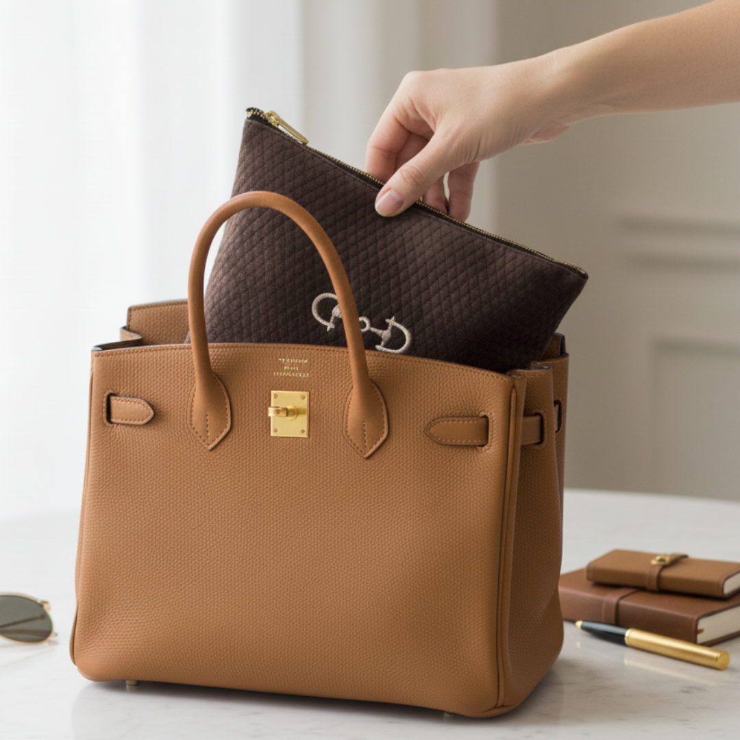 Brown handbag with a smaller brown pouch being placed inside, on a light surface.