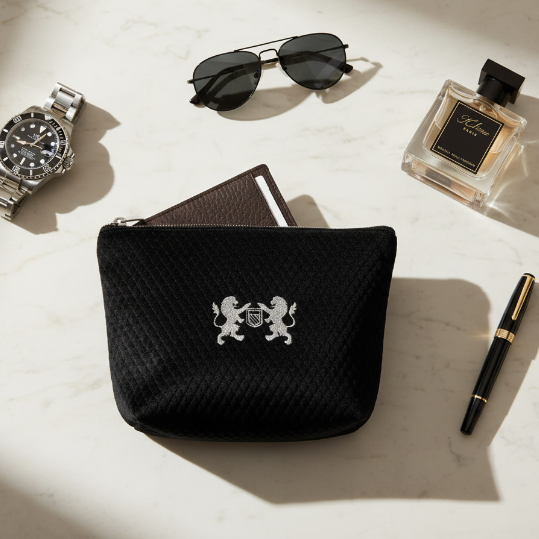Black pouch with a logo, watch, sunglasses, perfume bottle, and pen on a light surface