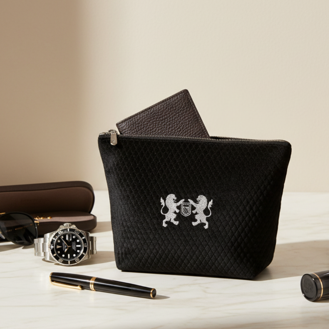 Black quilted pouch with a logo on a light surface with accessories around