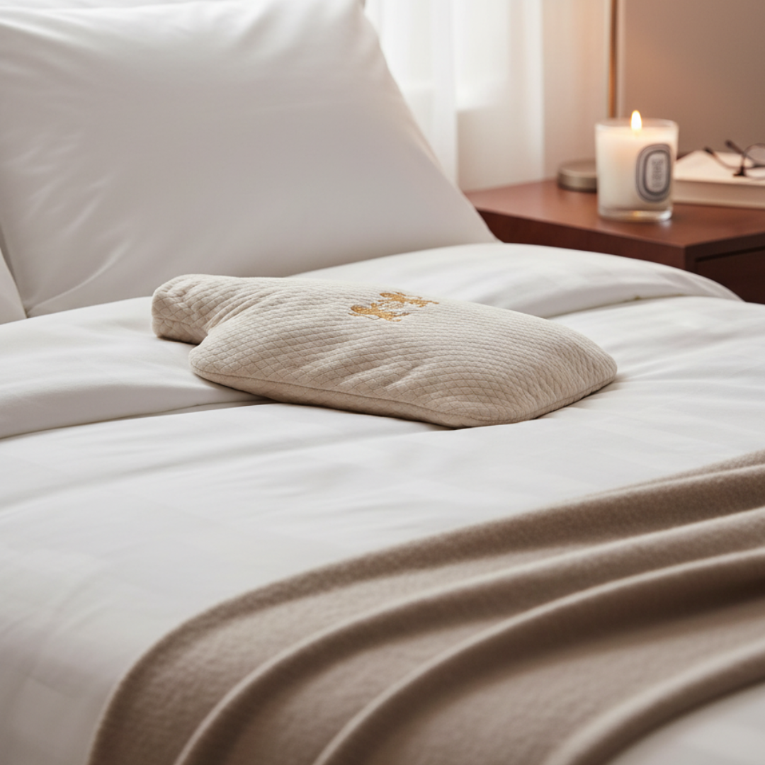Beige pillow on a bed with a candle in the background