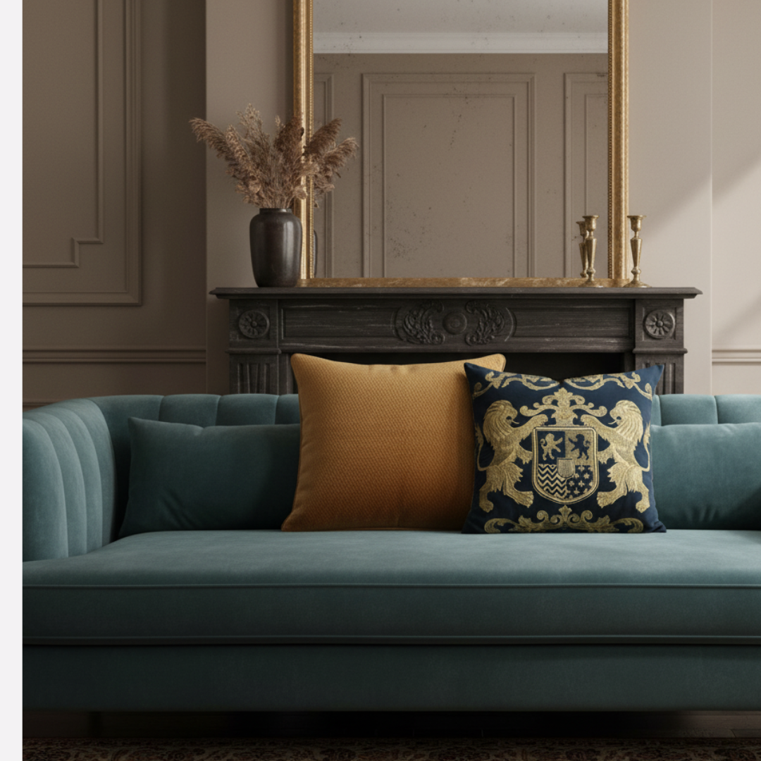 Teal sofa with decorative pillows in a living room setting