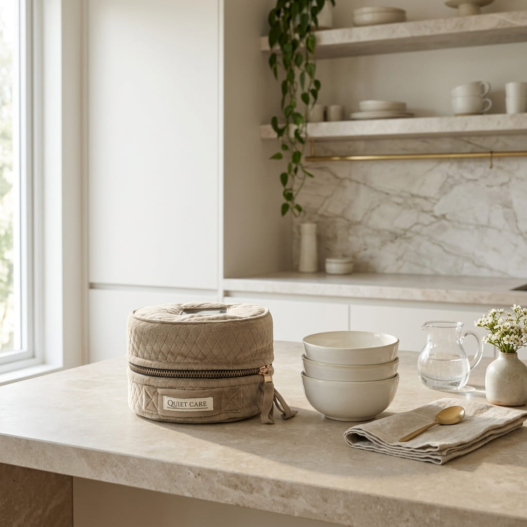 Beige Luxe Bowl Cover, Medium, styled at home