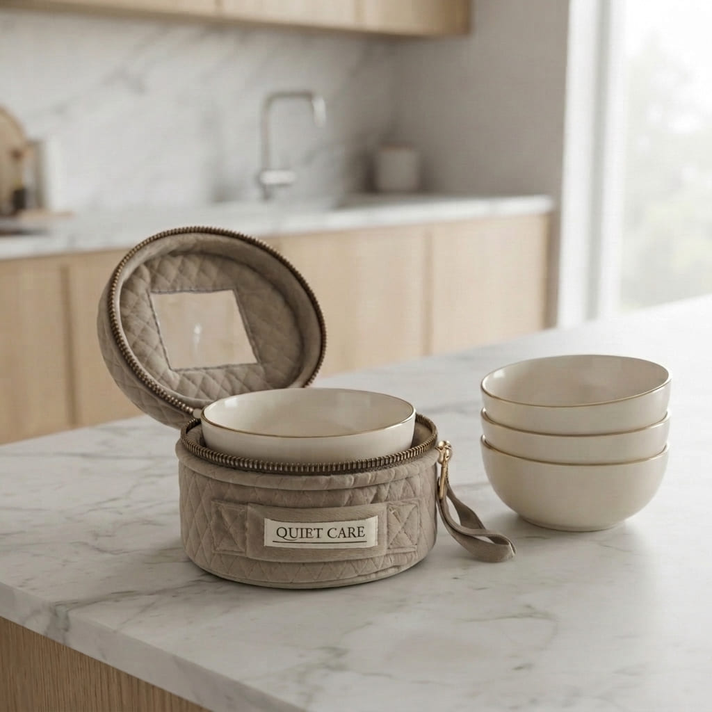 Beige Luxe Bowl Cover, Small, styled at home