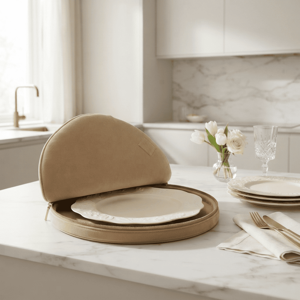 Beige Luxe Platter Cover, Round, styled at home