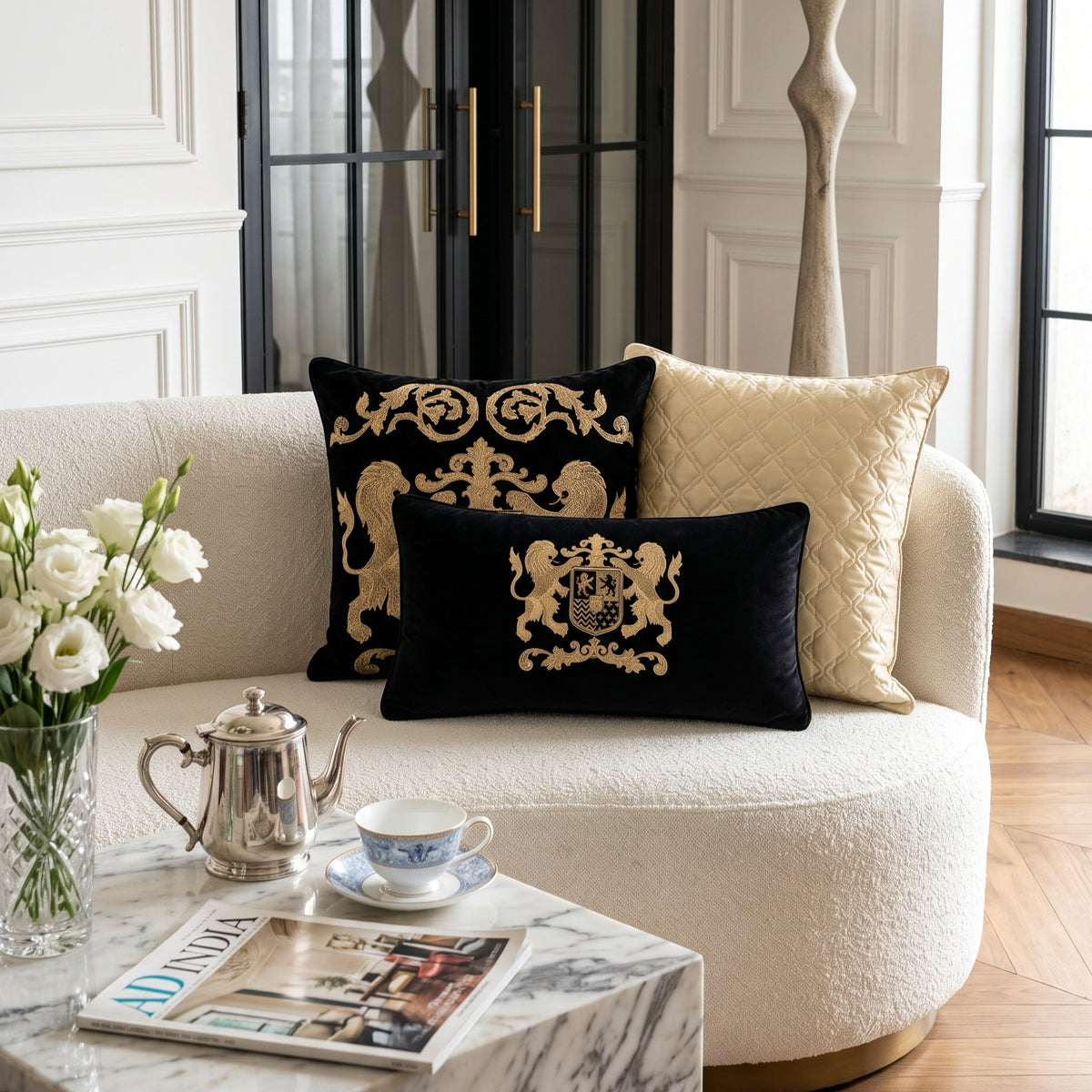 Black & Gold Dynasty Cushion Cover, styled in a drawing room