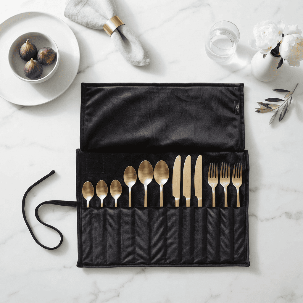 Black Luxe Cutlery Wrap, styled at home
