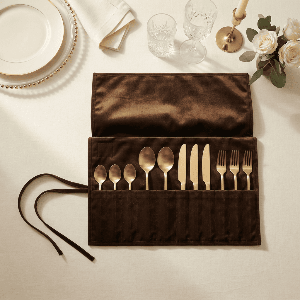 Brown Luxe Cutlery Wrap, styled at home