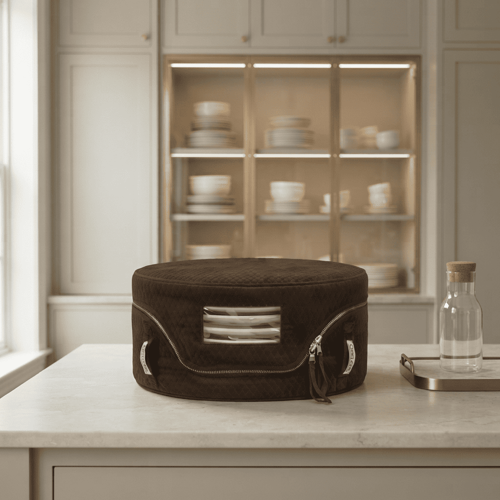 Brown Luxe Dinner Plate Cover, styled at home