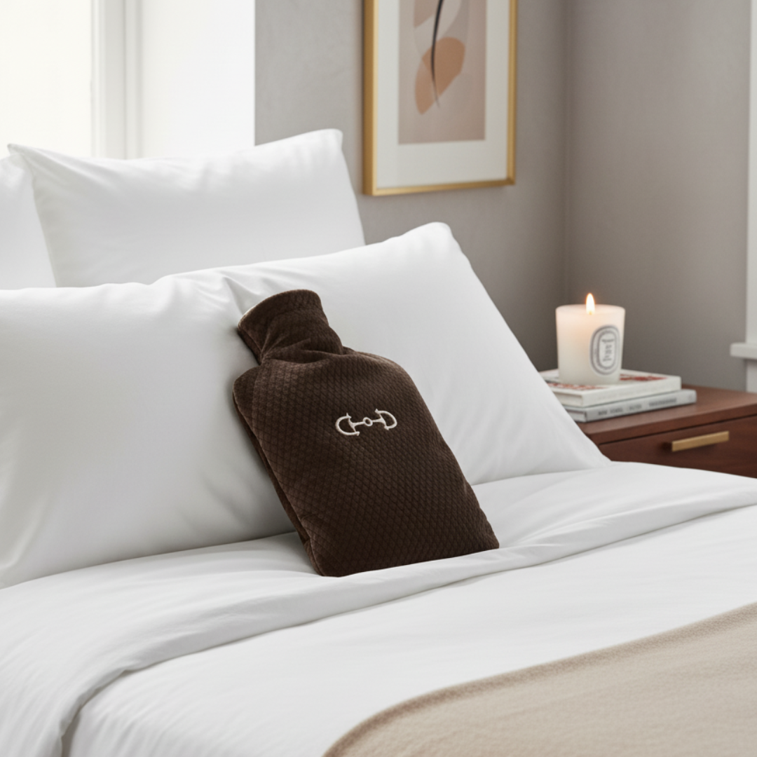 Brown hot water bottle on a bed with white pillows and a candle in the background.