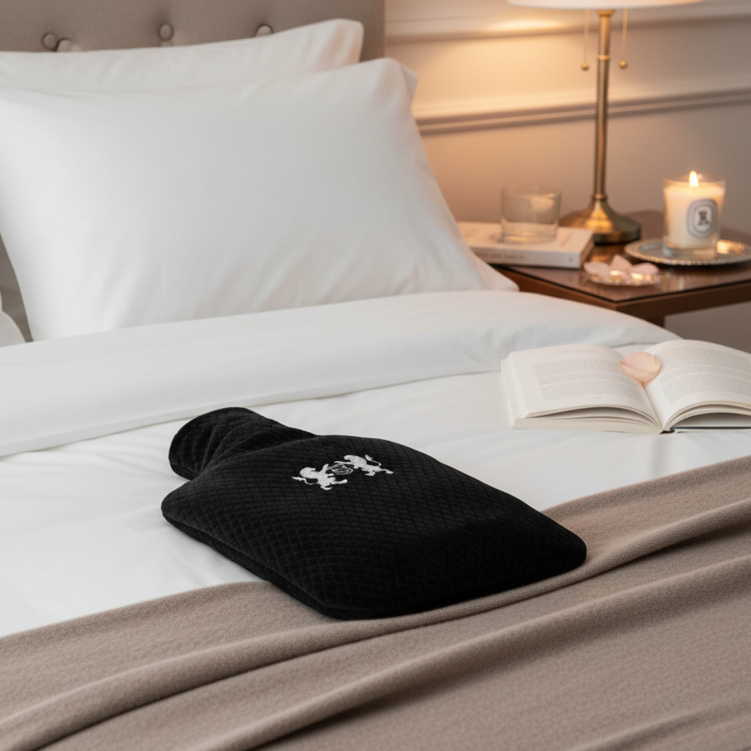 Black hot water bottle on a bed with a book and candle in the background