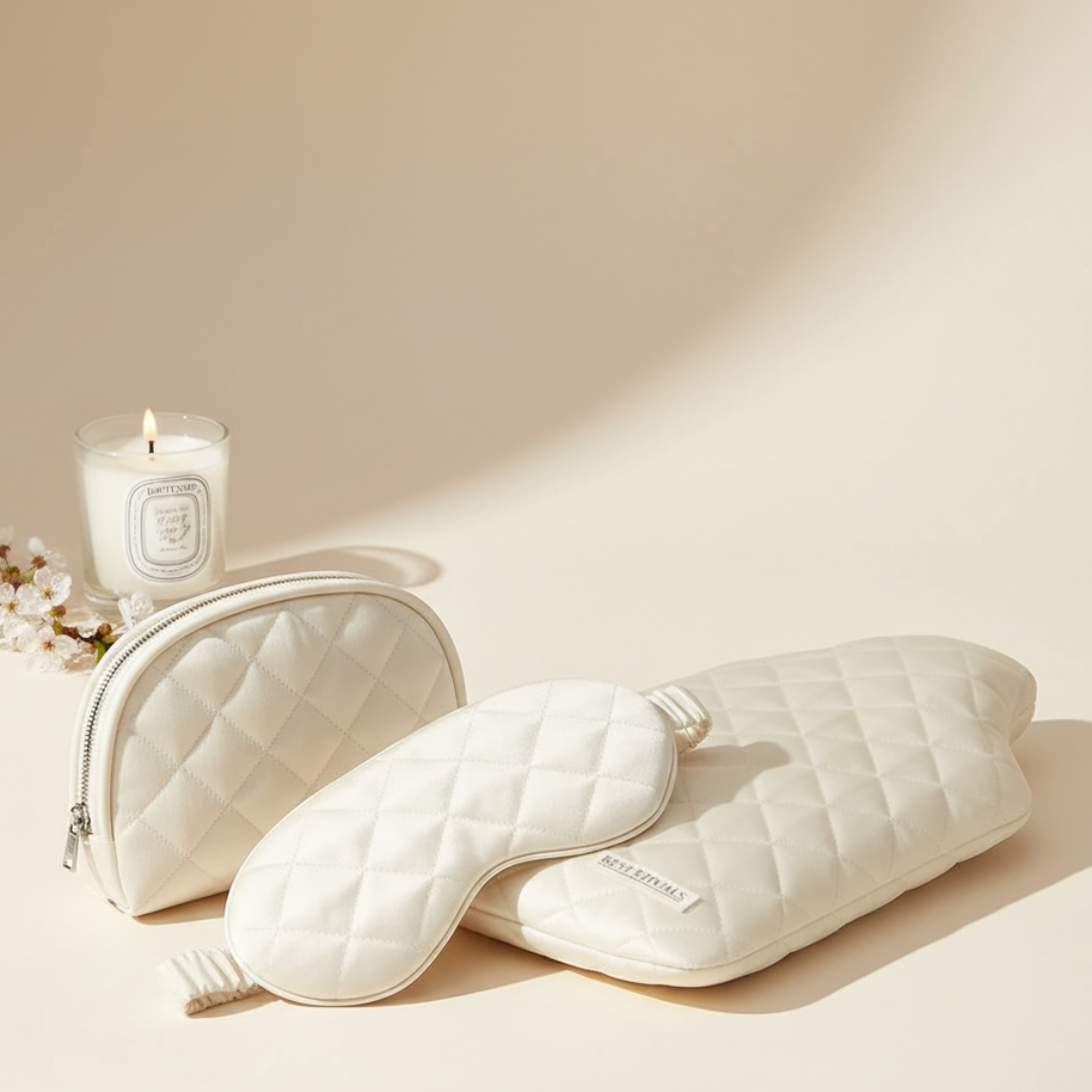 White quilted eye mask and pouch with a candle on a beige background