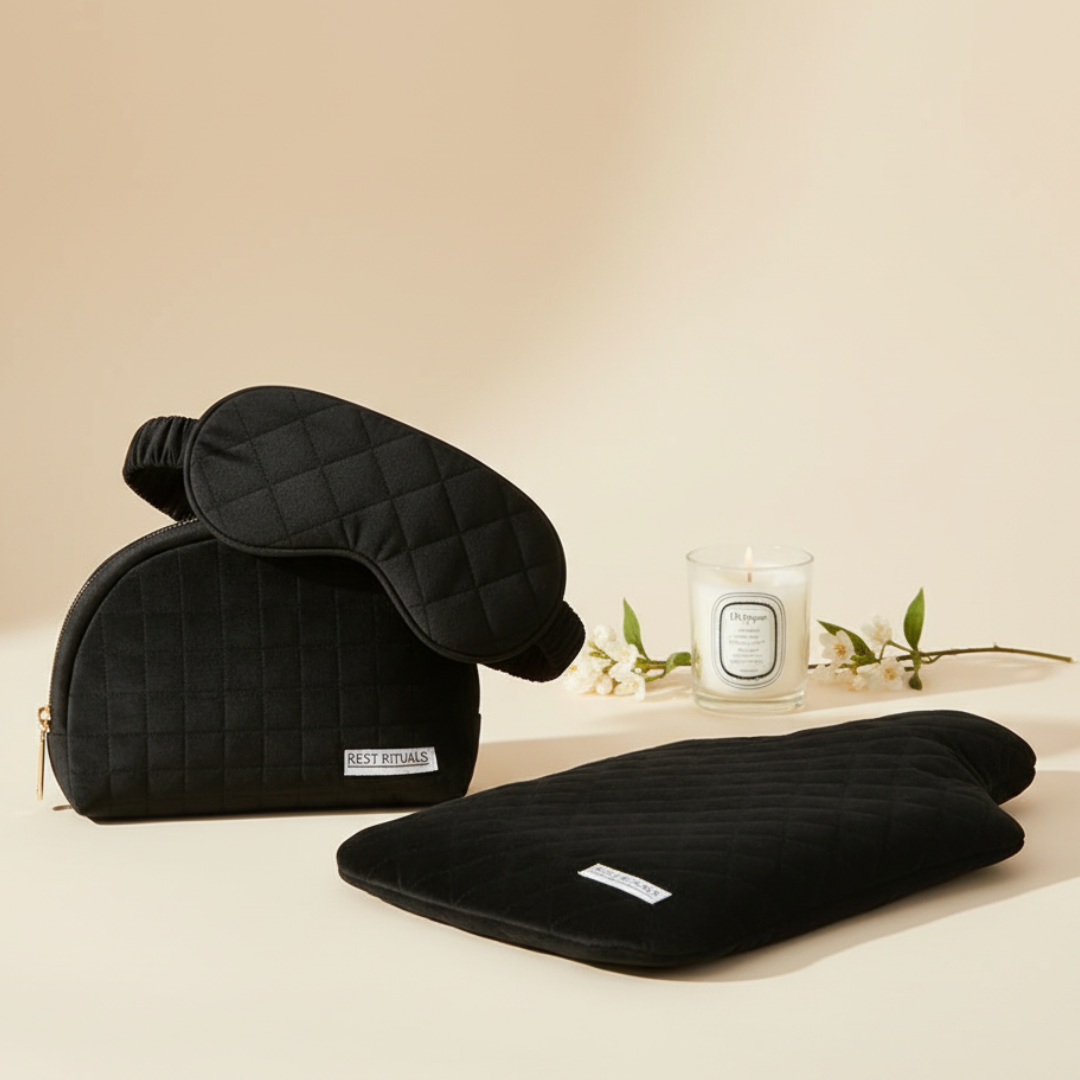 Black quilted travel pillow, eye mask, and foot warmer with a candle on a beige background