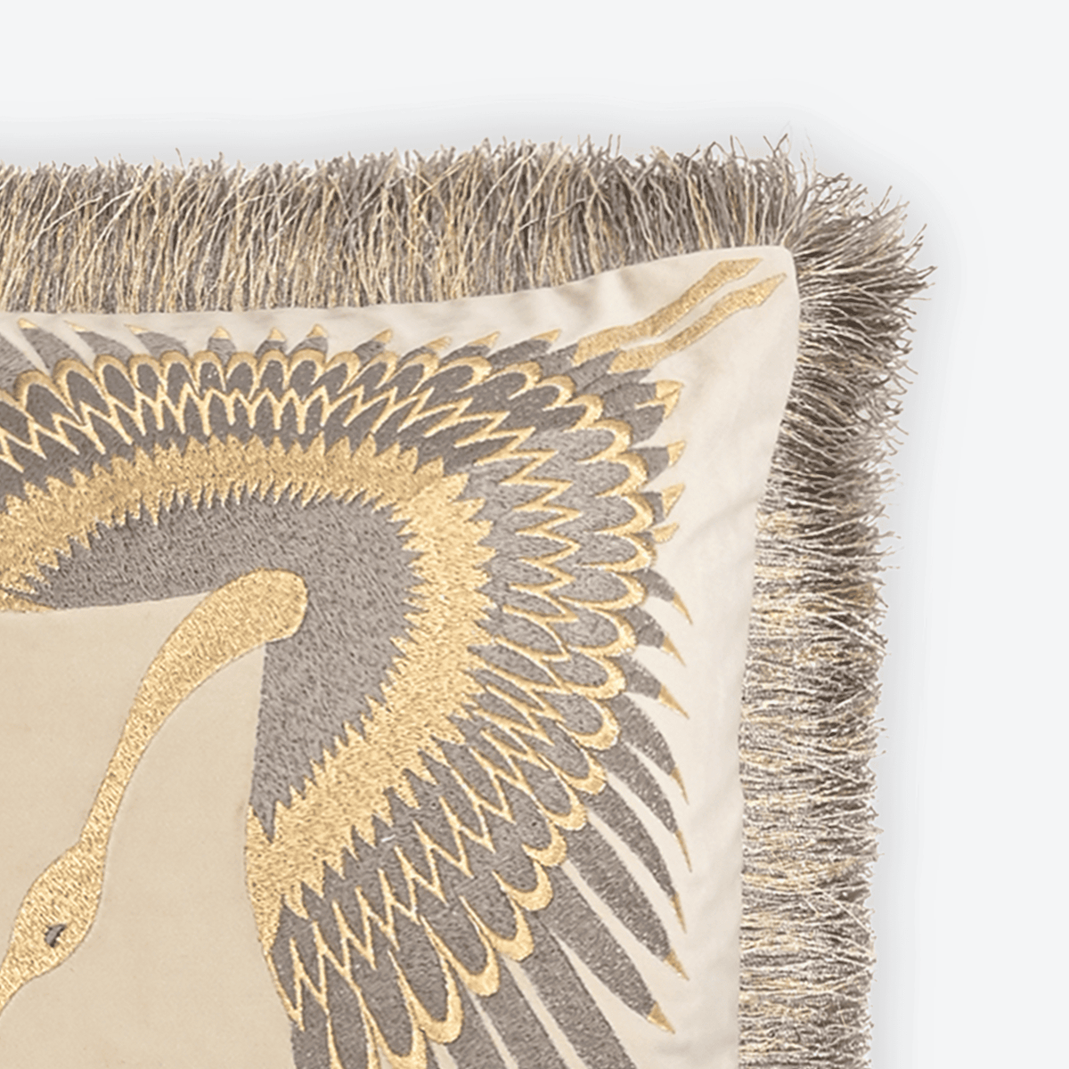 Beige Gilded Crane Cushion Cover, close-up