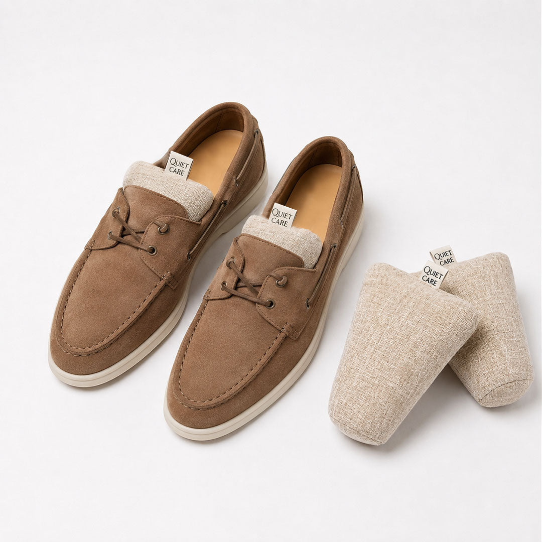 Linen blend shoe shapers in ecru with shoes, second styling angle