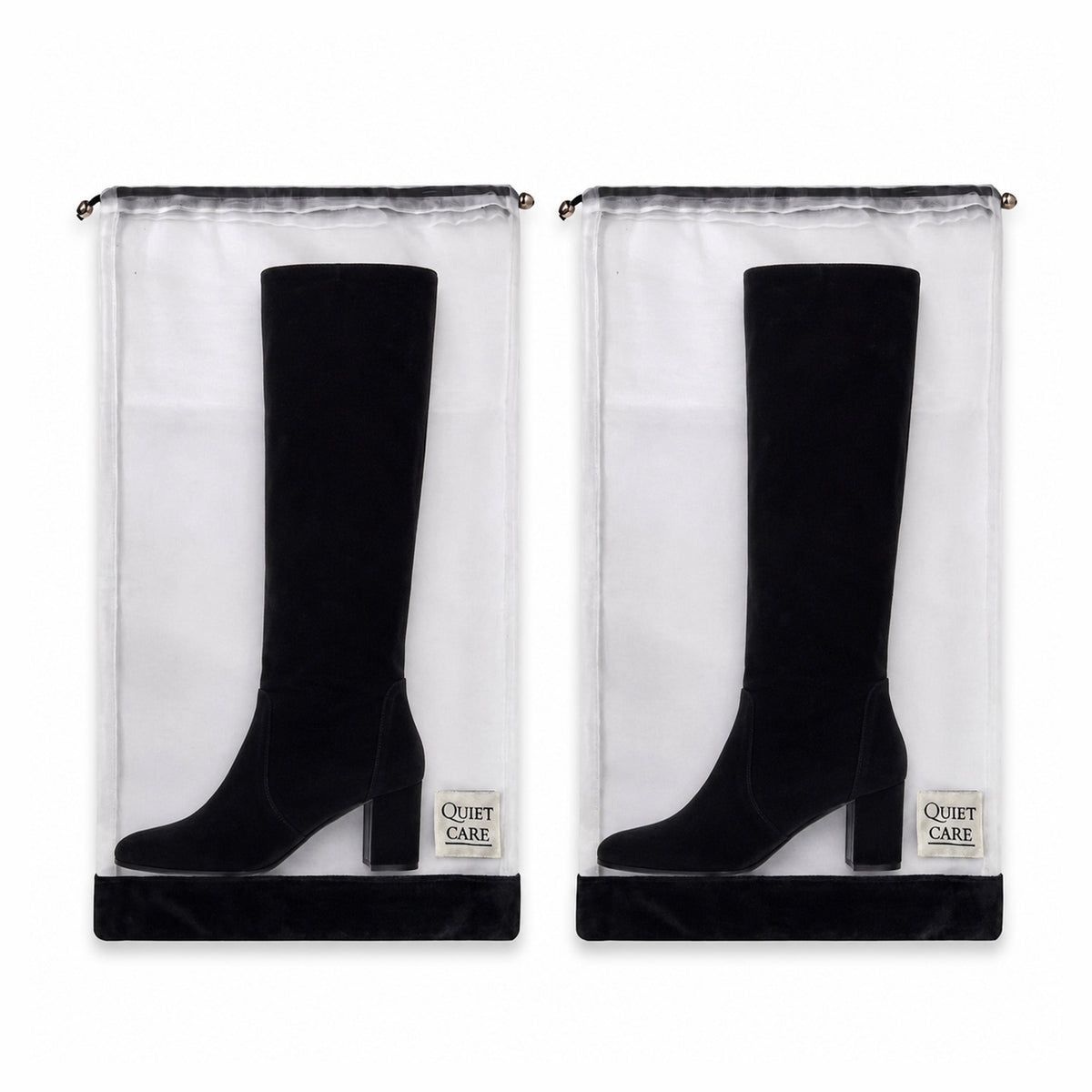 Tall boot bags with velvet trim, second angle showing both bags