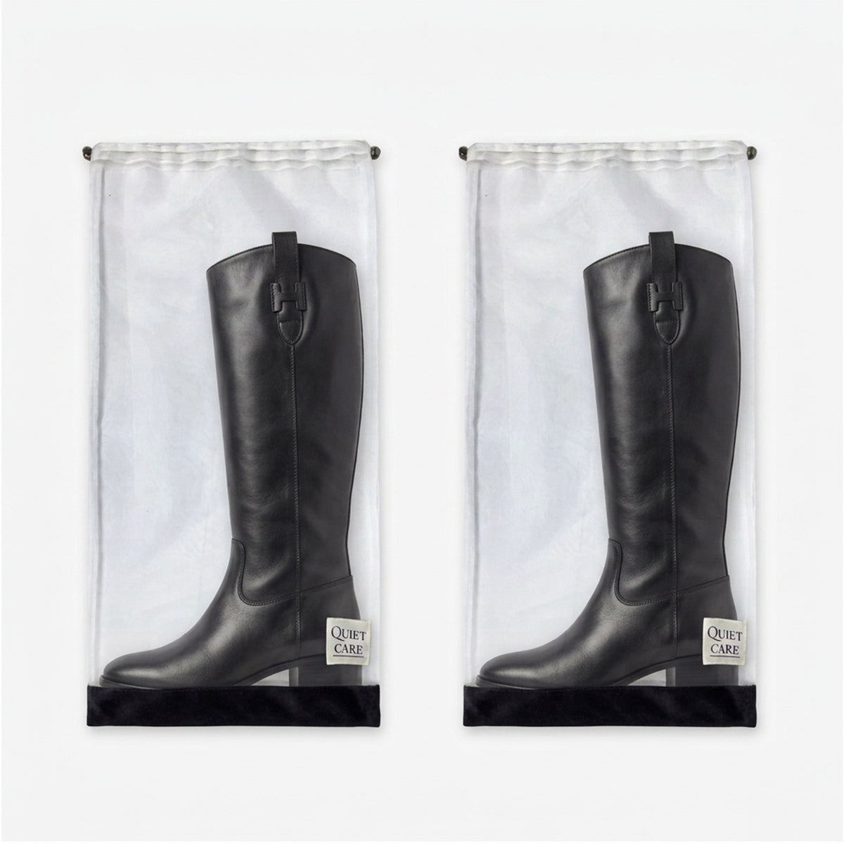 Tall boot bags with velvet trim, a set of two, one boot in each