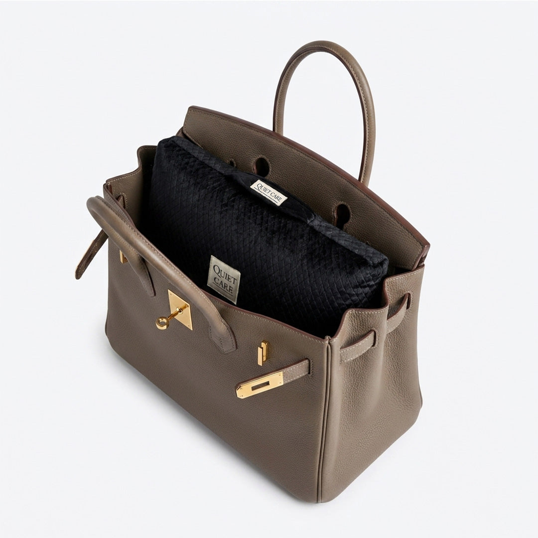 Quilted velvet bag shaper shown inside a large structured top-handle tote