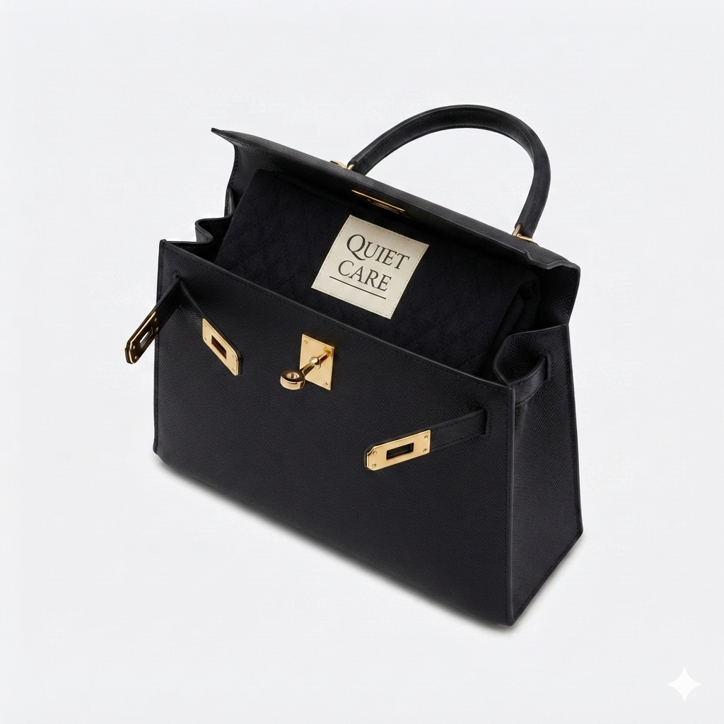 Quilted velvet bag shaper shown inside a small tapered top-handle bag