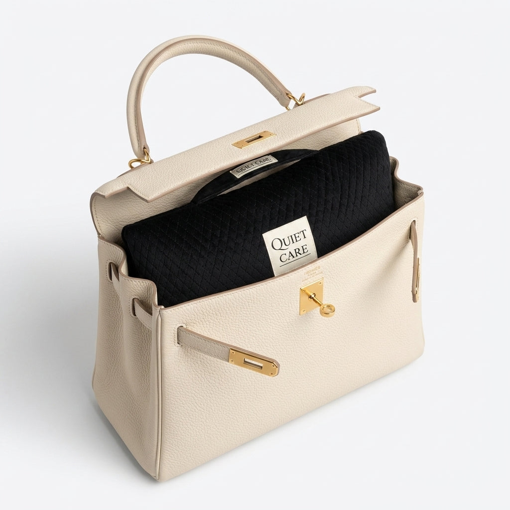 Quilted velvet bag shaper shown inside a tapered top-handle bag