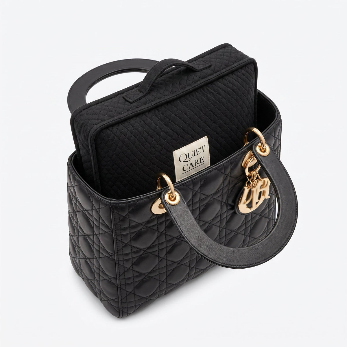 Quilted velvet bag shaper inside a compact structured bag, second angle