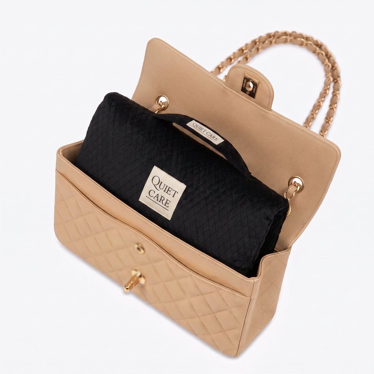 Quilted velvet bag shaper shown inside a flap shoulder bag, keeping the lines smooth