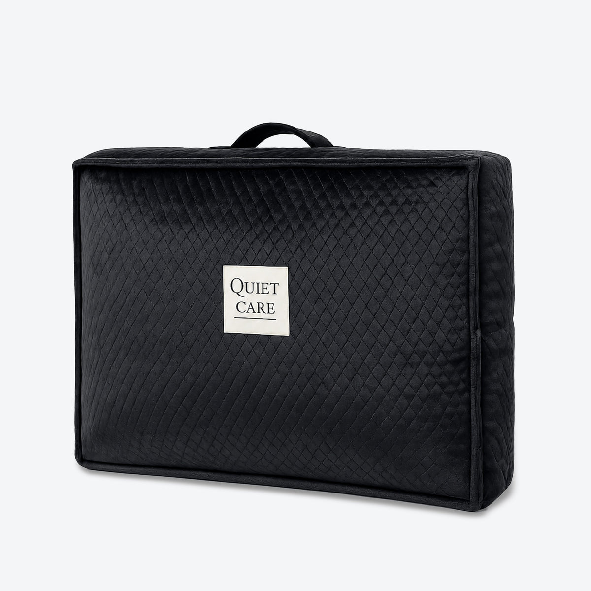 Large quilted velvet bag shaper in black for flat totes and shoppers