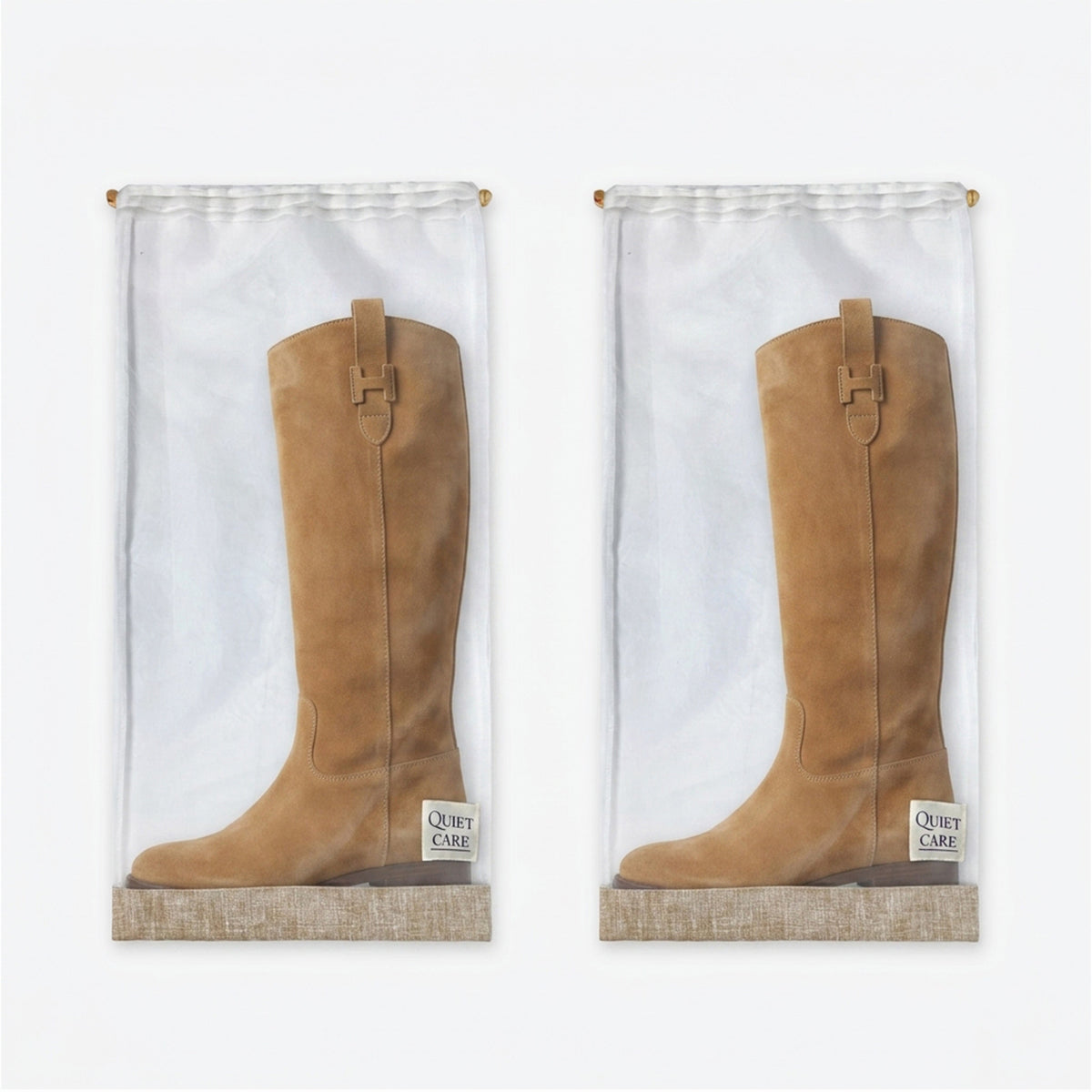 Tall boot bags with linen blend trim, a set of two, one boot in each