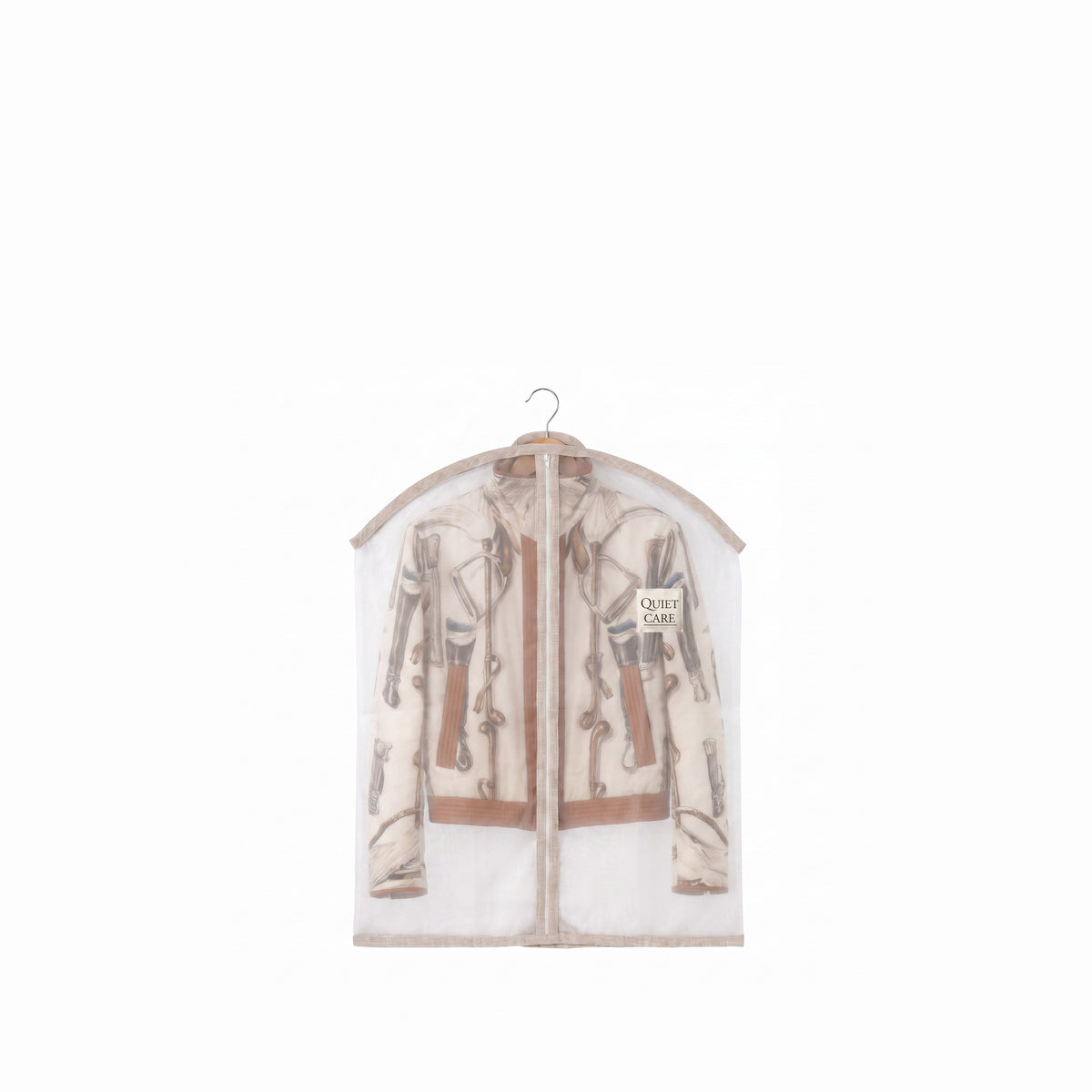Sheer organza garment cover holding a patterned garment, visible through the fabric